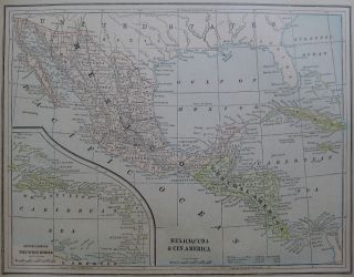 1893 Antique Map of MEXICO Cuba CENTRAL AMERICA Superb!