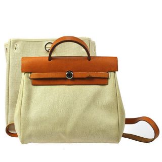 Authentic HERMES Her Bag PM 2 in 1 Beige Brown Canvas Leather Backpack 