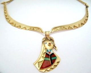 Ervin Hoskie Native American 14K Solid Gold Necklace Inlay Corn Maiden 