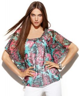 INC NEW Multi Color Printed Sequined Neckl​ine Dolman Sleeves Blouse 