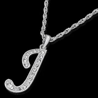   INITIAL LETTER J SILVER PLATED w/ CRYSTAL PENDANT CHARM NECKLACE CHAIN