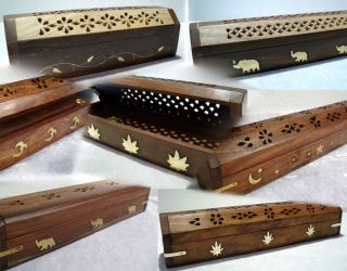 Hand Carved Wood INCENSE Holder Burner ASH CATCHER BOX Brass Inlay 8 