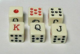   SPANISH POKER DICE   7, 8, J, Q, K, A (WILD) ON OPAQUE IVORY COLOR