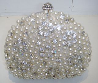 Crystal Diamante Silver / Ivory Pearl Beaded Ladies Clutch Evening 