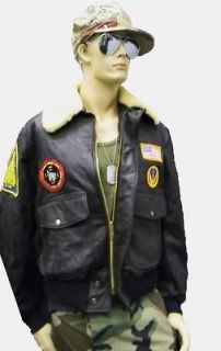 Vintage Leather Top Gun Style Army Jacket Black Patches
