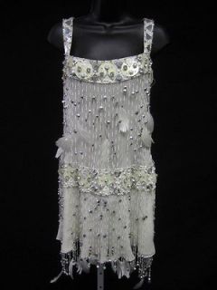 NWT JENNY PACKHAM White Silk Gauze Bead Stone Adorned Feather Dress Sz 