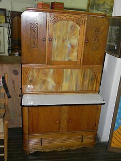 Vintage Art Deco Oak Kitchen Cabinet,Cupboa​rd,Slag Glass Door 