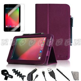 Purple PU Leather Folio Stand Case Cover+Stylus for Google Nexus 7 