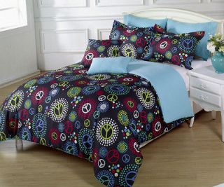   Soft Multi Colored Peace Sign Black Comforter Set King Size Bedding