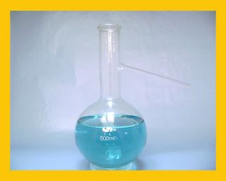   Flask w/ round bottom & side tube 500 mL borosilicate glass Lab New