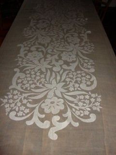 Antique Linen on Pale Grey Organdy Handmade Madeira Banquet Tablecloth 
