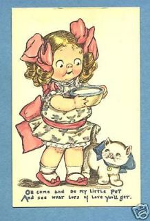 Y4038 Drayton postcard, Girl with pet cat, food, Tuck