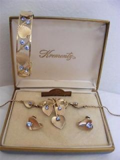 Vtg VAN DELL 12K GF Gold Blue Rhinestone Parure Set Necklace Earrings 