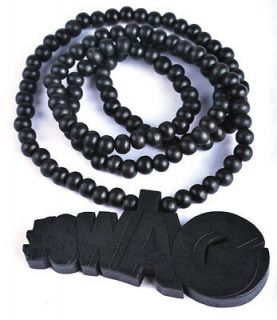 1p Black SWAG Letter Wood Pendant Beaded Chain Necklace Mens Rosary 