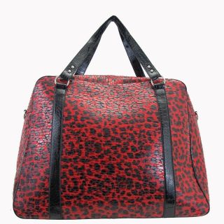 Red Leopard Travel Overnighter Gym Bag Faux Leather Tote Animal Print 