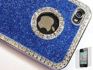 Blue Luxury Glitter Diamond Bling Back Case Cover + Film for iPhone 4 