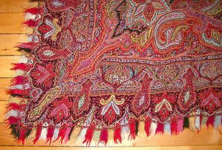 1800s ANTIQUE HAND WOVEN INDIAN PAISLEY WOOL SHAWL PIANO SCARF 