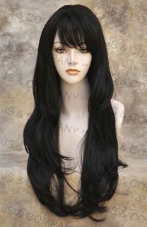 Super Long Layered barely there wavy Wig with Full Bangs Off Black #1B