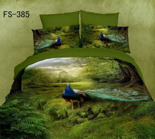 Luxury Oil Painting Peacock Print King Size Bedding Bed Set Duvet 
