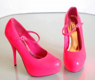   Platform High Heel Mary Jane Pumps Hot Pink Neon Patent US 6 10