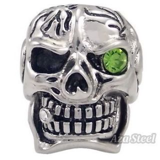   Mens Silver Cigar Green Eye CZ Skull Biker Stainless Steel Ring ZR023