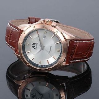   Gold Plated Case Genuine Leather Band Mens Quartz Movement Wrist Watch