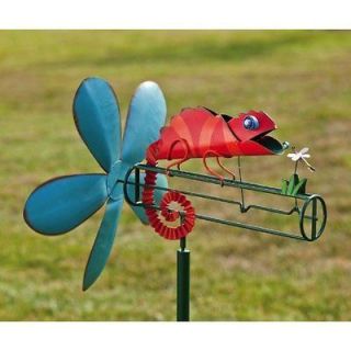   Iguana & Dragonfly Whirligig Garden Stake painted metal 54 tall ~NEW