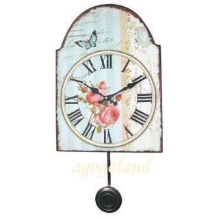 Victorian Style Metal Pendulum Clock with Blue Flowers and Butterfly 