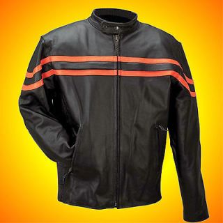 Solid Leather Motorcycle Jacket  Biker Orange Stripes  Mens Size 3X 