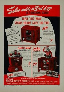 1950 Ad SELCO Toys Jocko Musical Bubble Gum Bank Monkey   ORIGINAL 