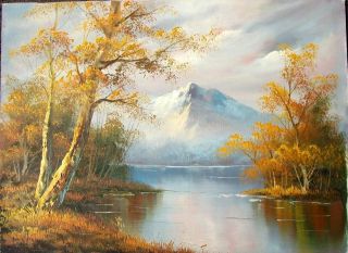 UNFRAMED UNSIGNED OIL ON BOARD OF A LAKE AND MOUNTAIN SCENE