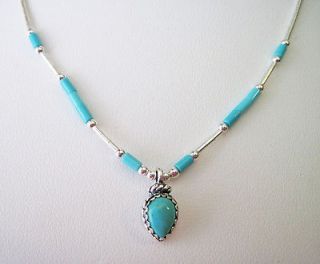 SOUTHWEST STERLING TURQUOISE TEARDROP PENDANT NECKLACE   Signed Q.T.