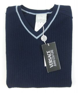 New VERSACE JEANS COUTURE Italy Navy Stretch V Neck Sweater T Shirt L 