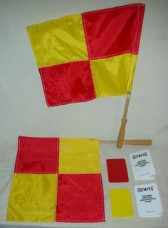 SOCCER GAME REFEREE FLAGS NYLON 1988 PAIR YELLOW/RED CARD INSTRUCTIONS 