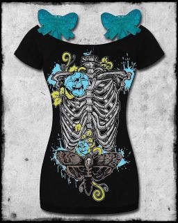   & ROSES SKELETON TATTOO BLACK BLUE LACE BOW ANNABEL T SHIRT TOP