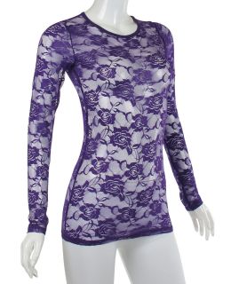 Stretch SHEER Floral FULL LACE Long Sleeve Crew Neck Layering T shirt 
