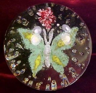  Green Butterfly & Pink Flower Paperweight Art Glass Vintage VG