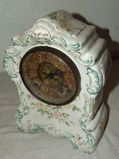   1894 FLORENZ KROEBER White Floral Porcelain Ceramic Mantel Clock