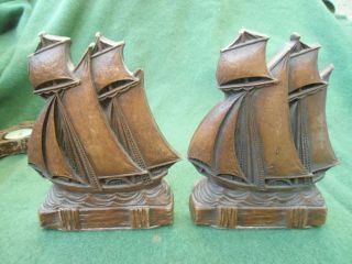 Vintage Syroco Wood Composite Ship Book Ends Bookends