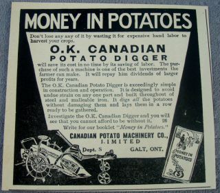 1914 POTATO DIGGER FARM AGRICULTURAL GALT ONTARIO CANADA AD