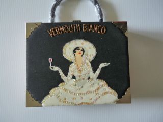 Vermouth Bianco wine art image beaded Vintage Cigar box Handbag makeup