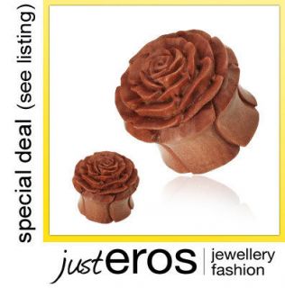 Brown Wooden Rose flower Flared Plug plugs size 8mm 10mm 12mm 14mm 