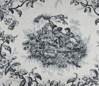 Summer Hill Fabric / Frolic Charcoal / Black and White Toile Drapery 