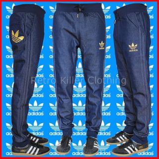Adidas Originals Cuffed Denim Blue Jeans Tracksuit Bottoms Pants 