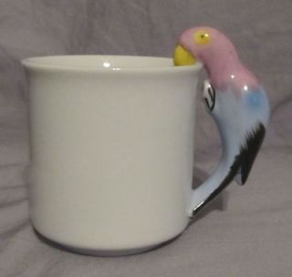 Pier 1 Blue & Pink Parrot Bird Handle Coffee Mug Vintage Parakeet