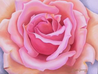Peach, Pink Rose Flower, Close up, 5x7 Giclee Print of Original Oil 
