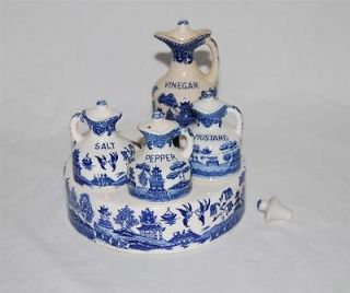 Vtg Antique BLUE WILLOW Porcelain Lazy Susan Condiment & Cruet Set