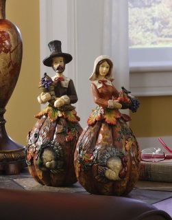 Detailed Thanksgiving Pilgrim Couple Gourd Sculptures Collectible 