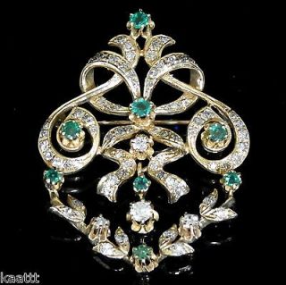 Vintage Edwardian Diamonds Emeralds 14k Gold Pendant Necklace /Brooch 