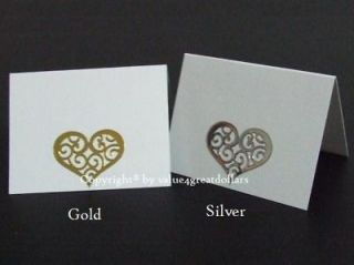 50 BLANK Wedding Table Place No. Card Metallic Silver or Gold Heart 